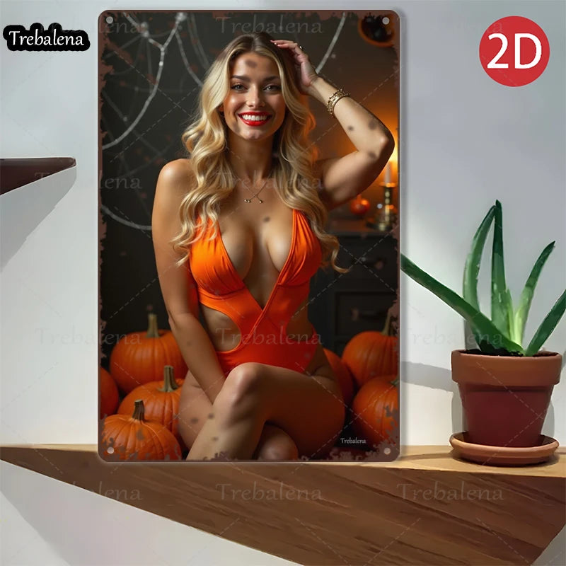 1PC 2D Flat 8*12inch Metal Sign Halloween Glamour Girl in Orange Dress Art Decor