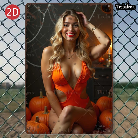 1PC 2D Flat 8*12inch Metal Sign Halloween Glamour Girl in Orange Dress Art Decor