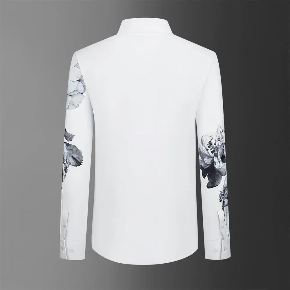 2025 Brand Rhinestone Flower Men's Shirt Long Sleeve Casual Business Dress Shirts Social Party Tuxedo Blouse Men Clothing 5XL