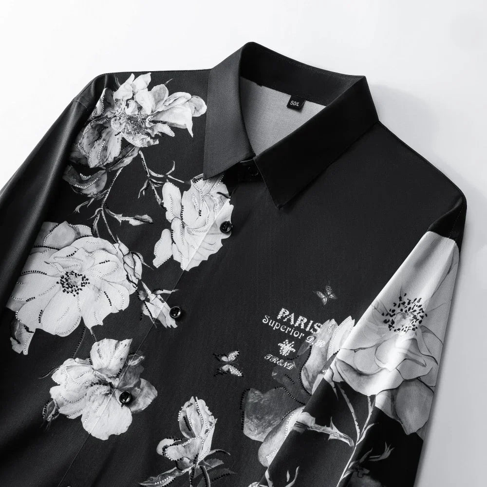 2025 Brand Rhinestone Flower Men's Shirt Long Sleeve Casual Business Dress Shirts Social Party Tuxedo Blouse Men Clothing 5XL