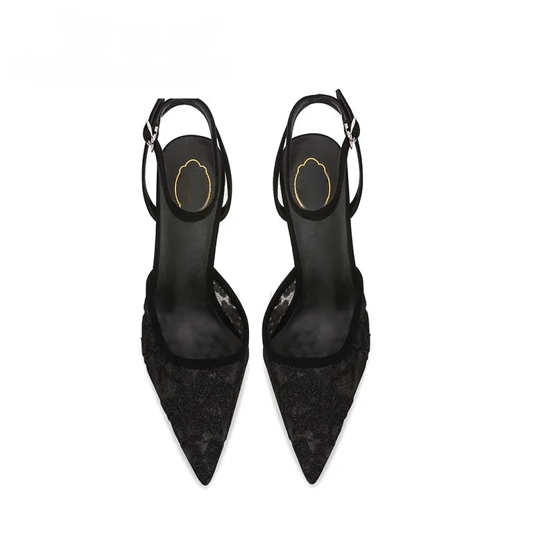 Fashion Luxury High Heels Women Sexy Lace Sandals Mesh Embroider Elegant Pointed Ladies Slingback Party Bridal Shoes Woma