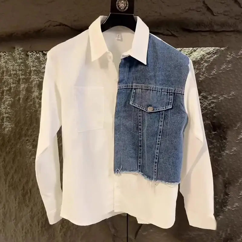 Denim Patchwork Contrast Collar Shirt Men's High-End Design Unique Shirt Trendy Long Sleeve Coat