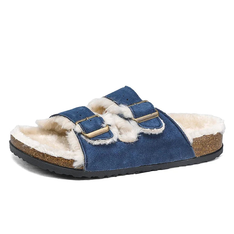 Men Women Plush Fur Slippers with Double Buckle Cork Sandals Winter Supper Warm Home Shoes Barefoot Comfort Footbed Sales