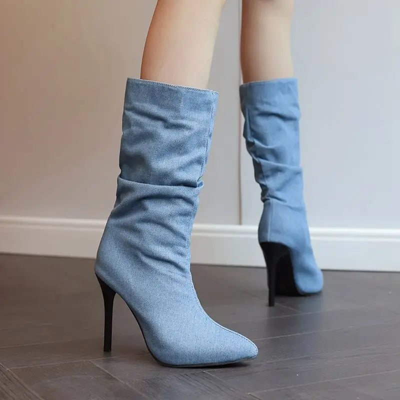 SIMLOVEYO Brand Women Mid Calf Boots Pointed Toe Stiletto 10CM Slip On Sexy Dating Female Booty 43 42 44 45 46 47 48 Black Blue