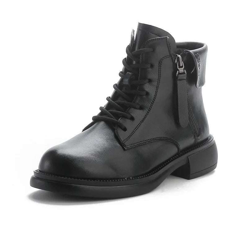 2024 Autumn New Low Heel Bull Muscle Sole Ankle Boots Korean Edition Casual Genuine Leather Women's Boots Warm and Comfortable