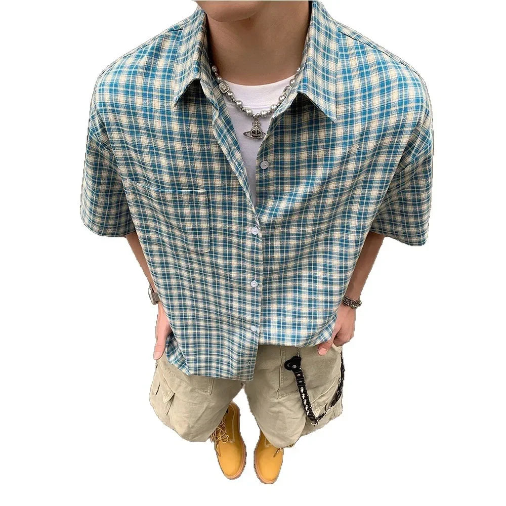 American Retro Plaid Shirt Men's Short Sleeve Summer Casual Trendy Ice Silk Men's High Fashion Brand Handsome Coat