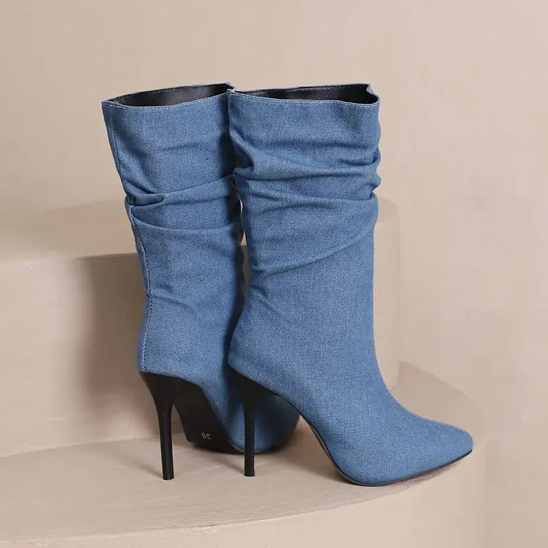 SIMLOVEYO Brand Women Mid Calf Boots Pointed Toe Stiletto 10CM Slip On Sexy Dating Female Booty 43 42 44 45 46 47 48 Black Blue