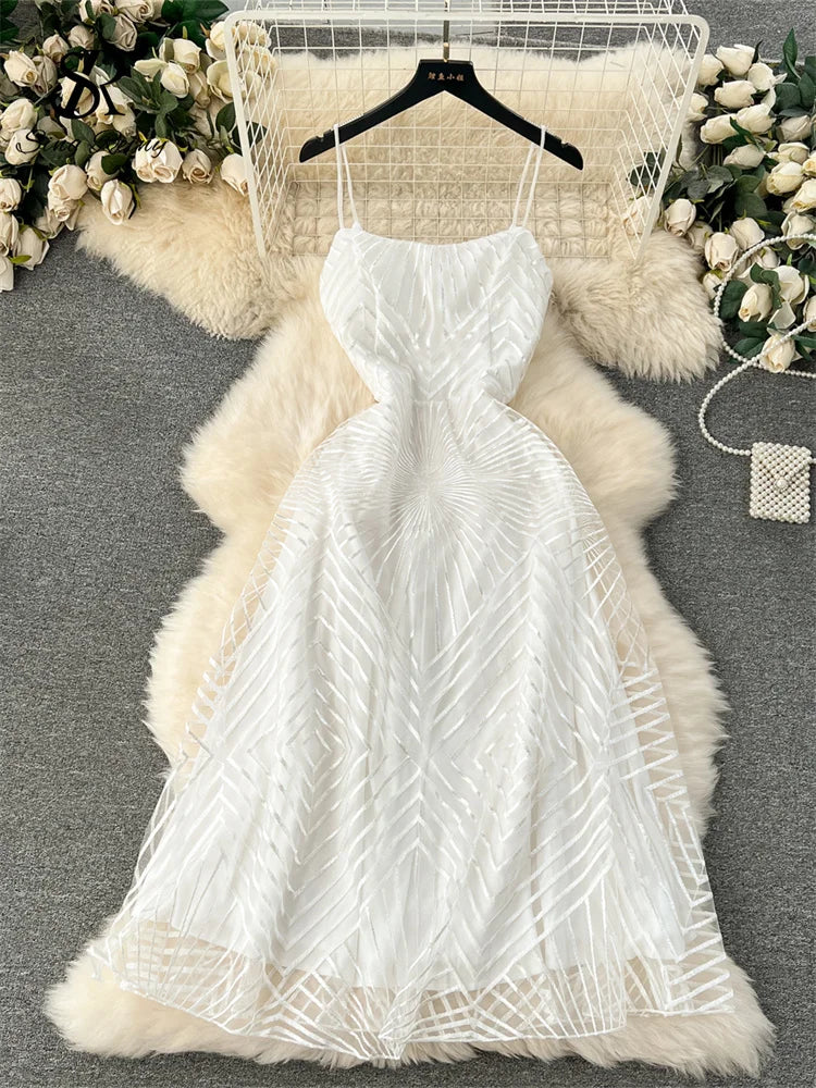 SINGREINY Fashion Temperament Long Dress Spaghetti Strap Sleeveless Design Female Solid Senior Embroidery Mesh Party Dress
