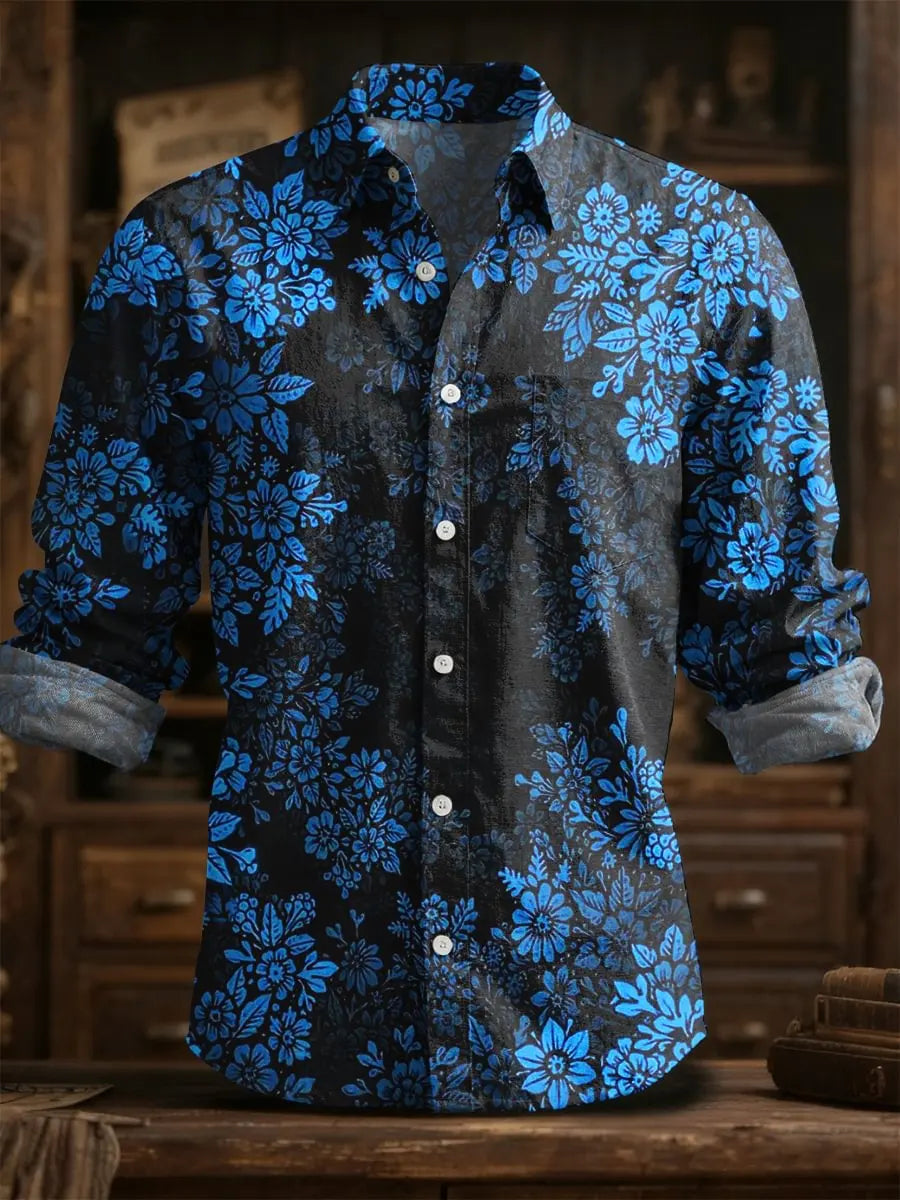 2025 Spring/Summer Men's Fashion Linen Long Sleeve Linen Shirt, Elegant Printing, Exquisite Flower Design