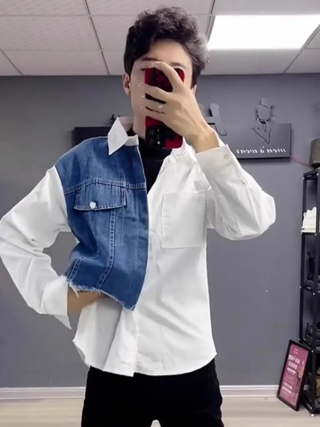 Denim Patchwork Contrast Collar Shirt Men's High-End Design Unique Shirt Trendy Long Sleeve Coat