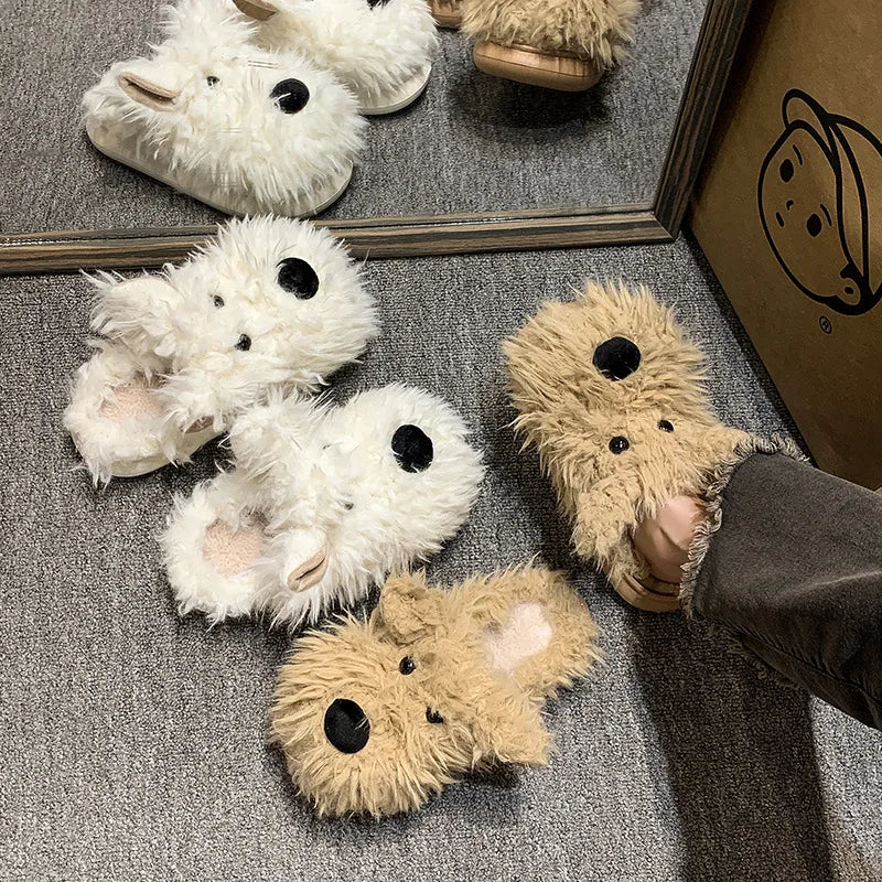 New winter plush slippers women's cartoon dog plush cotton shoes fashion indoor warm home slippers non-slip cotton shoes