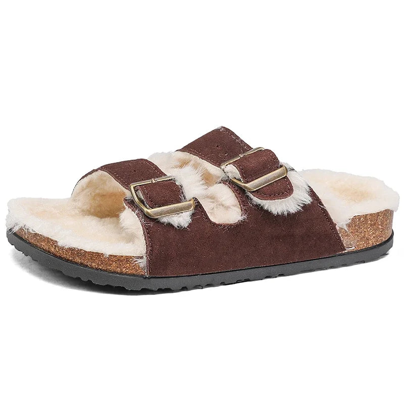 Men Women Plush Fur Slippers with Double Buckle Cork Sandals Winter Supper Warm Home Shoes Barefoot Comfort Footbed Sales