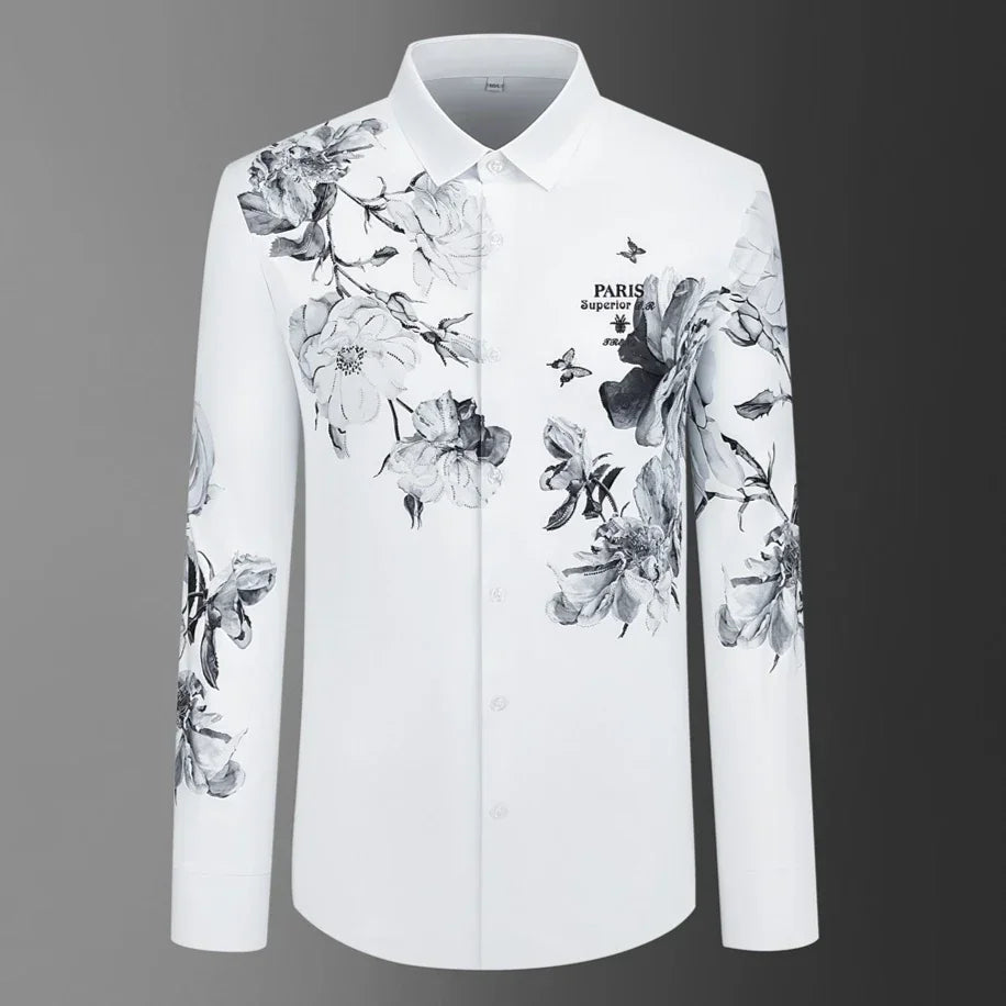 2025 Brand Rhinestone Flower Men's Shirt Long Sleeve Casual Business Dress Shirts Social Party Tuxedo Blouse Men Clothing 5XL