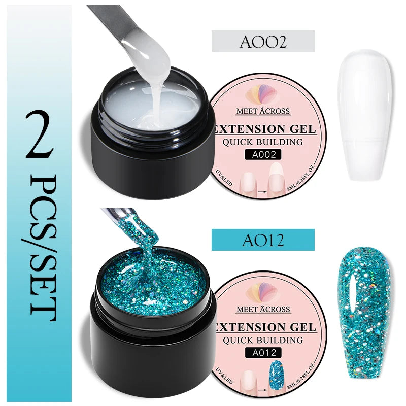 2Pcs Non Stick Hand Extension Gel Nail Polish Set Nude Clear Extension Rhinestone Glue Gel Kits UV Builder Nail Art For Manicure