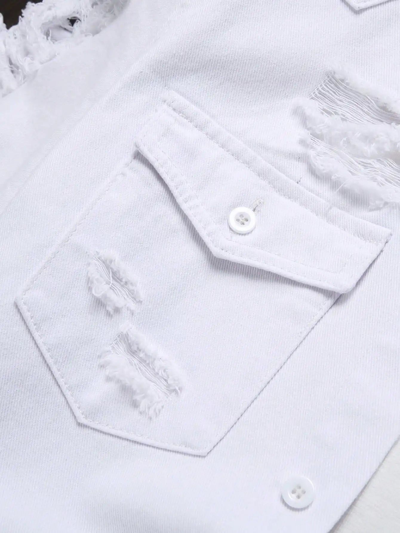 Men's white short - sleeved denim shirt with holes for summer. Suitable for daily casual wear, like going shopping.