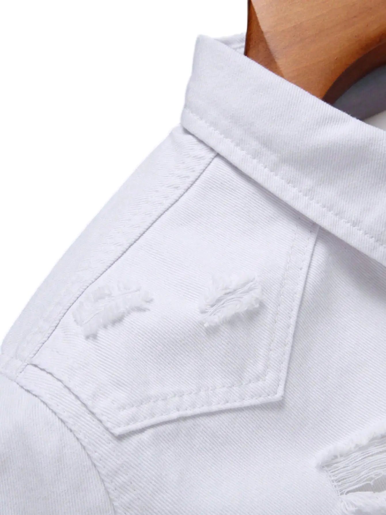 Men's white short - sleeved denim shirt with holes for summer. Suitable for daily casual wear, like going shopping.