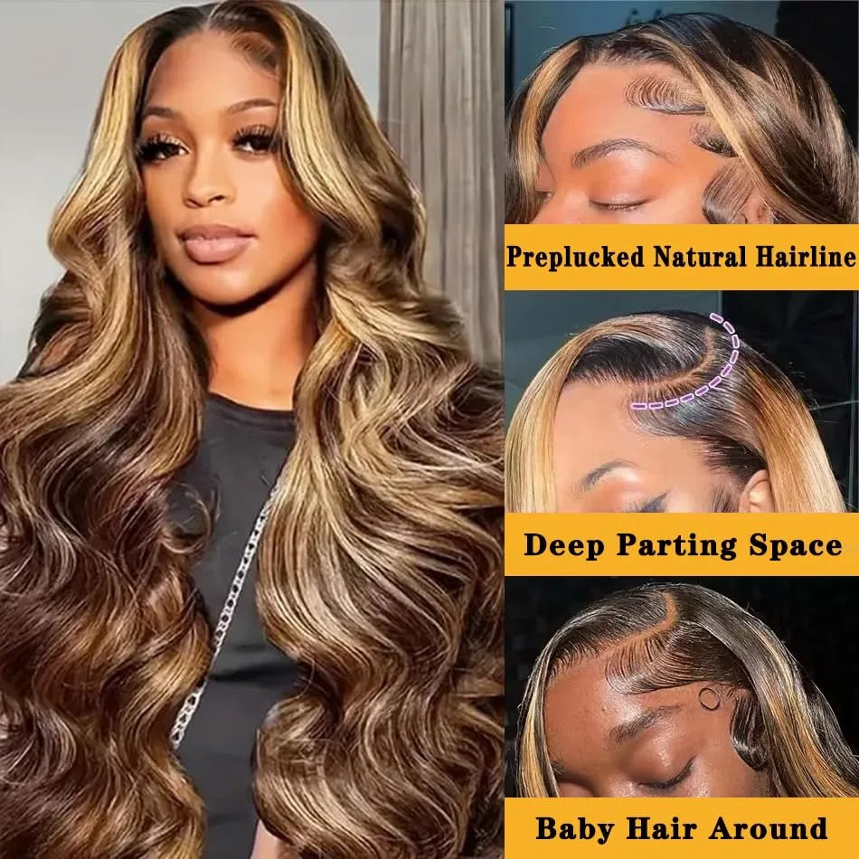 30Inch Highlight Body Wave Lace Front Wig Human Hair with Baby Hair 13x4 HD Transparent Lace Frontal Human Hair P4/27 Wigs
