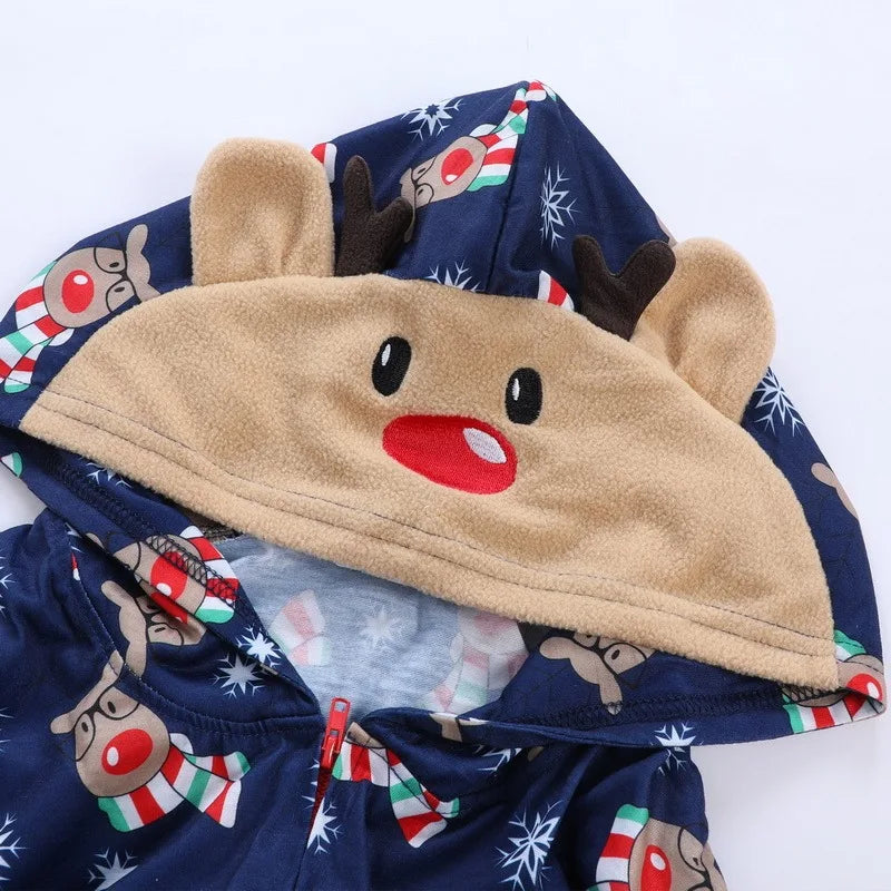 2025 Christmas Cartoon Deer Cute Family Matching Outfit Adults Kids Zipper Jumpsuit Elk Ear Hooded Romper Xmas Look Wear Pijamas