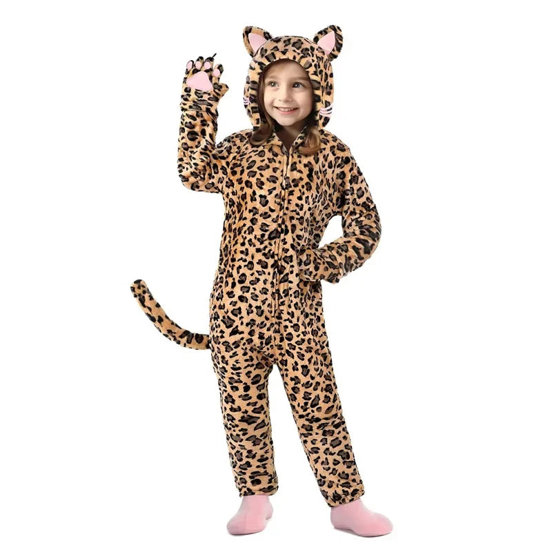 Kids Anime Leopard Cat Kigurumi Costume Cosplay Cartoon Jumpsuit for Children Halloween Christmas Girl Boy Hooded Pajamas Onesie