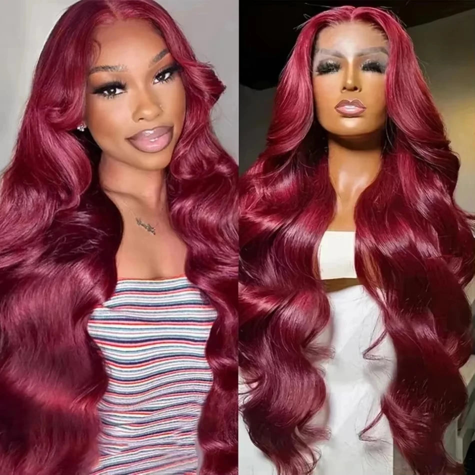 13x4 Burgundy 99J Body Wave hd Transparent lace wigs 30Inch lace front human hair Pre Plucked Brazilian Water Wave For Women wig