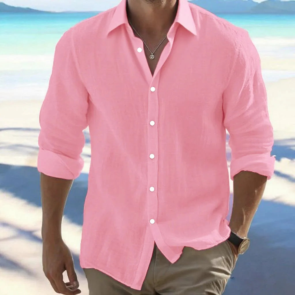 Large Size Cotton Blend Hot Selling Men's Long Sleeved Lapel Shirt Summer Solid Color Stand Up Collar Casual Beach Style