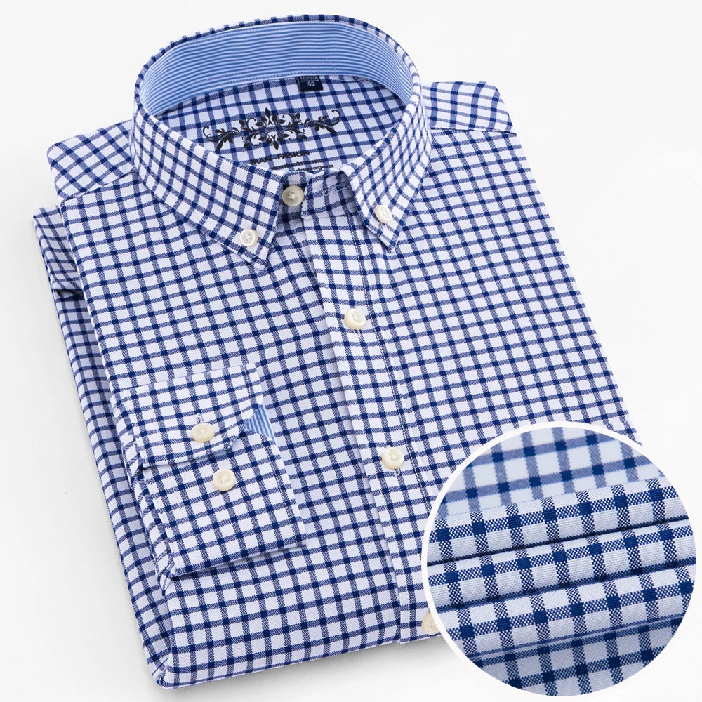 Men's Plaid Striped Oxford Long Sleeve Button-down Shirts with Pocket, Spring Fall 60% Cotton Thick Casual Menswear Clothing