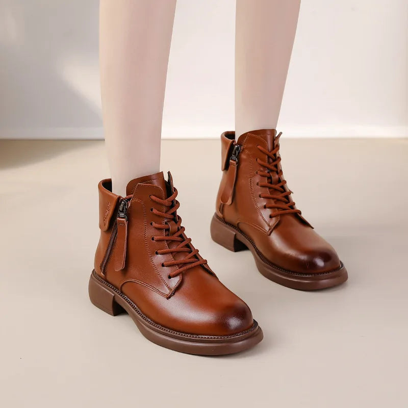 2024 Autumn New Low Heel Bull Muscle Sole Ankle Boots Korean Edition Casual Genuine Leather Women's Boots Warm and Comfortable
