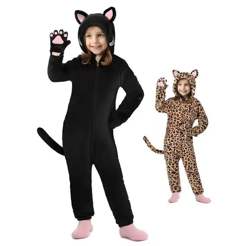 Kids Anime Leopard Cat Kigurumi Costume Cosplay Cartoon Jumpsuit for Children Halloween Christmas Girl Boy Hooded Pajamas Onesie