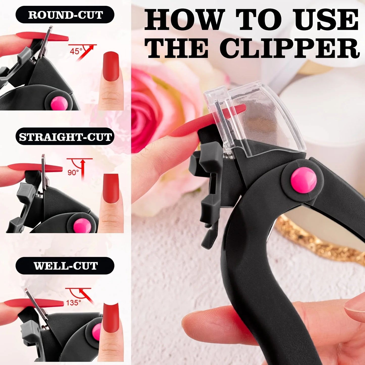 1pc Black Professional Dial Stainless Steel Blade Adjustable Acrylic Nail Clippers with Sizer, Catcher and Length Measurement