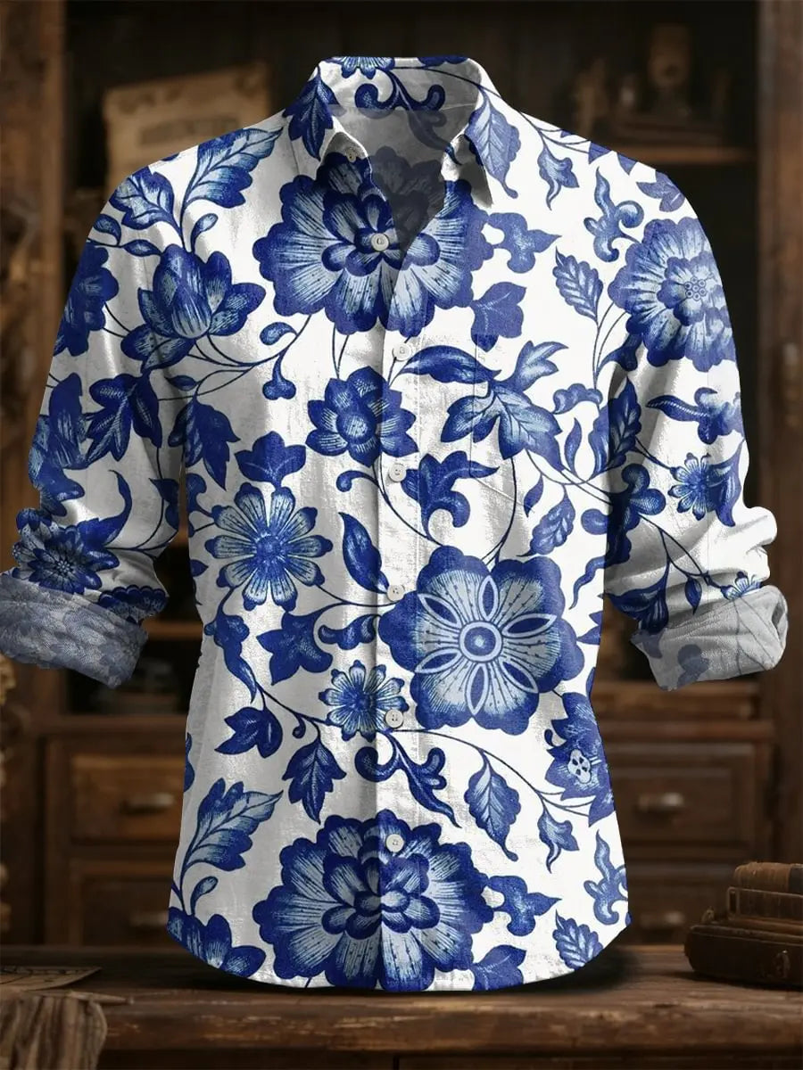 2025 Spring/Summer Men's Fashion Linen Long Sleeve Linen Shirt, Elegant Printing, Exquisite Flower Design
