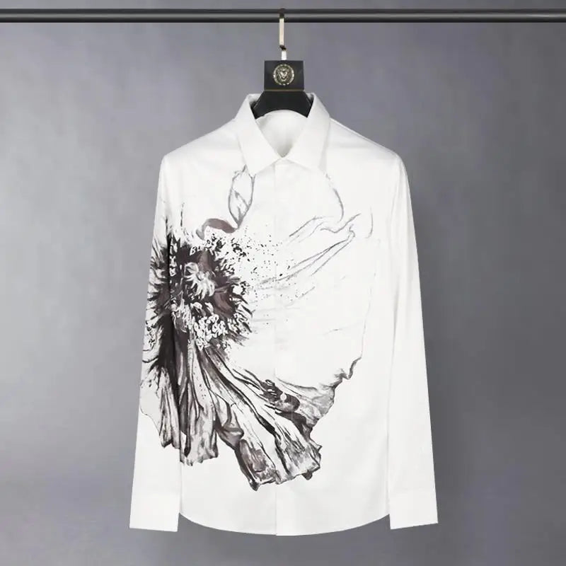 2025 Luxury Silk Artistic Flowers Shirt For Men Autumn Long Sleeve Casual Business Dress Shirts Social Streetwear Men Clothing