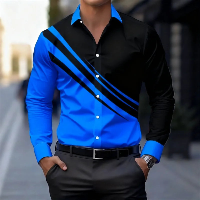 Men's color-blocked striped long-sleeved shirt, slim fit, stylish and unique business casual shirt, trendy new men's top, XS-6XL