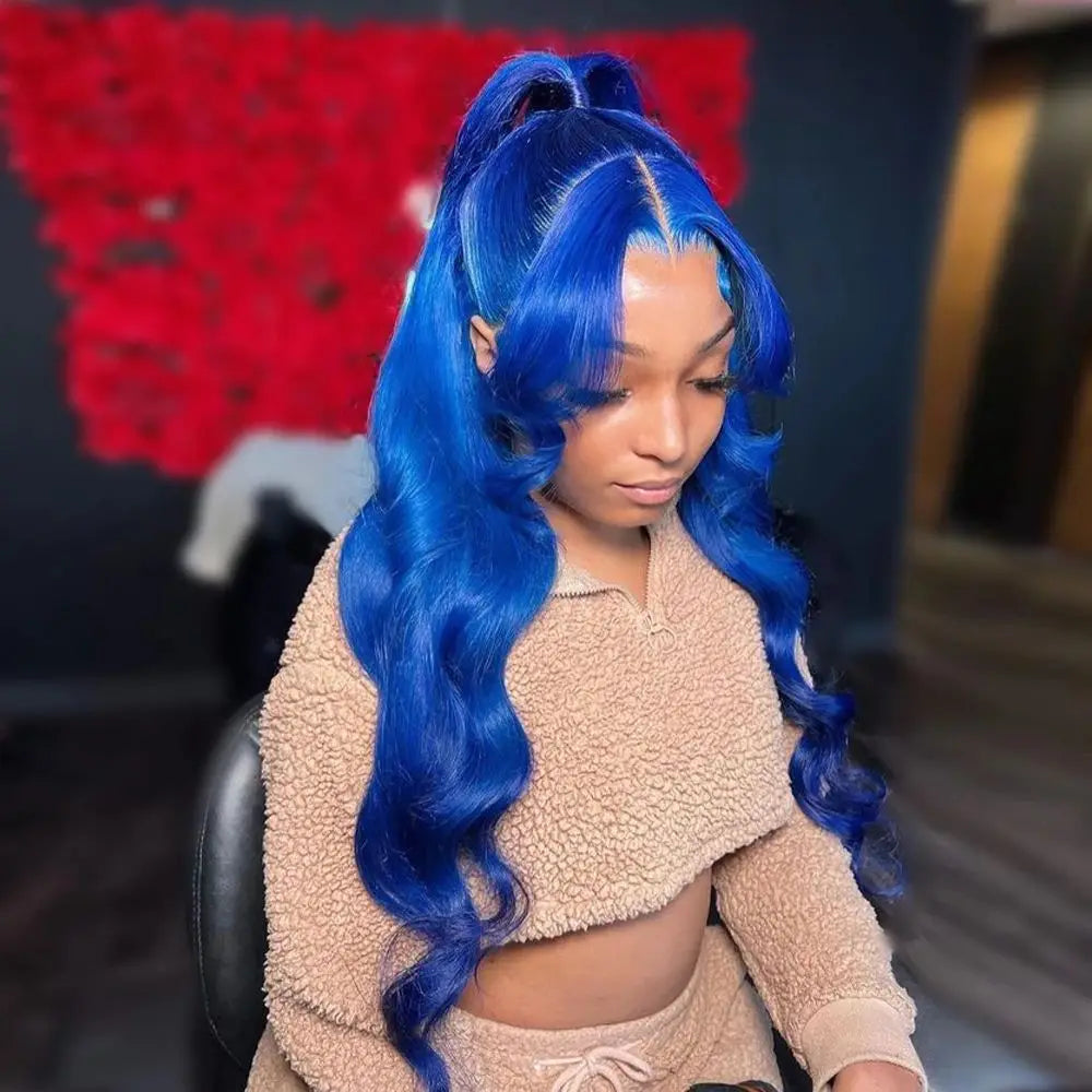 13x4 Sapphire Blue Lace Front Wig Body Wave Human Hair Wigs Dark Blue Color Transparent Pre-Plucked Lace Frontal Wigs For Women