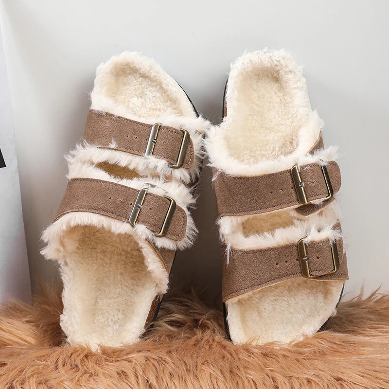 Men Women Plush Fur Slippers with Double Buckle Cork Sandals Winter Supper Warm Home Shoes Barefoot Comfort Footbed Sales