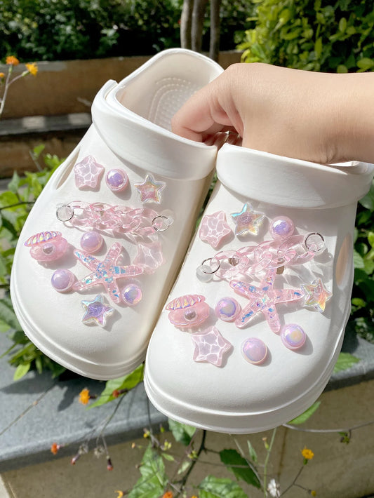 22 pieces of pink chain, sequined starfish, ABS pearl shell, water ripple star shoe buckle DIY accessories, suitable for women's