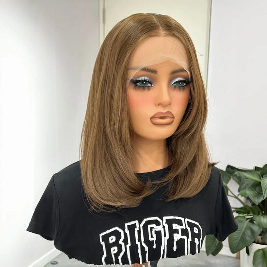 Short Wavy Brown Bob Synthetic Wig Layered Shoulder Length Middle Part Natural Straight 13X4 Lace Front Wigs for Women Daily Use