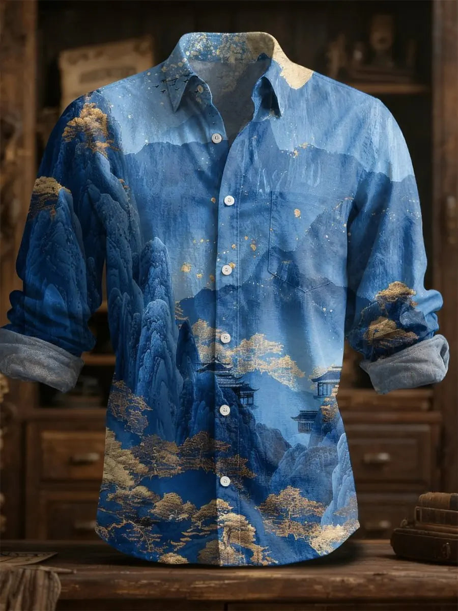 2025 Spring/Summer Men's Fashion Linen Long Sleeve Linen Shirt, Elegant Printing, Exquisite Flower Design