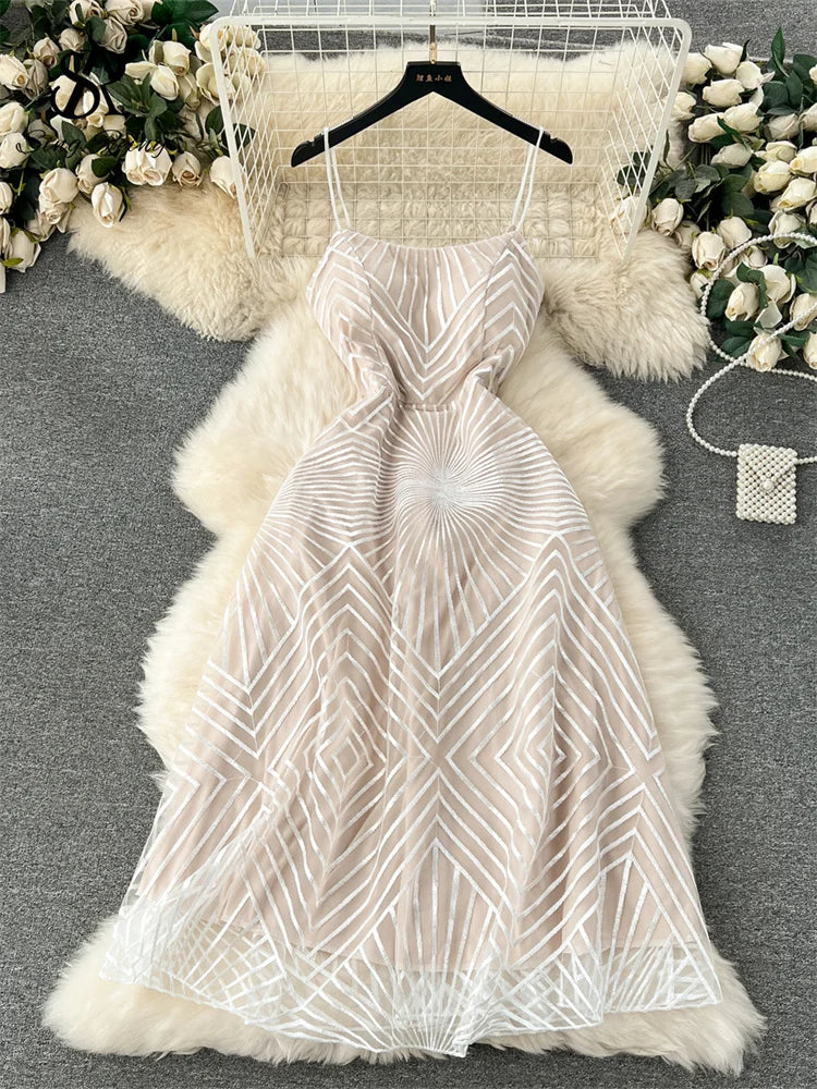 SINGREINY Fashion Temperament Long Dress Spaghetti Strap Sleeveless Design Female Solid Senior Embroidery Mesh Party Dress