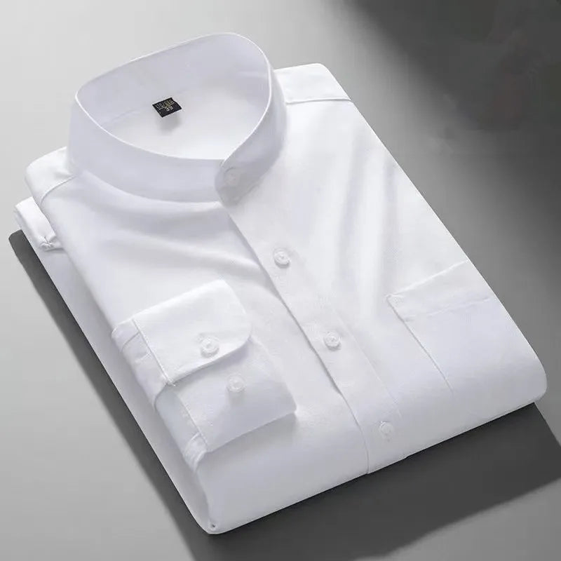 Autumn Mens Business Shirts Long Sleeve Mandarin Collor Oxford Pure Cotton Solid Color Casual Chinese Style Slim Office Top 5XL
