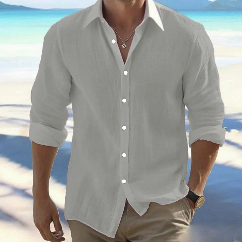 Large Size Cotton Blend Hot Selling Men's Long Sleeved Lapel Shirt Summer Solid Color Stand Up Collar Casual Beach Style