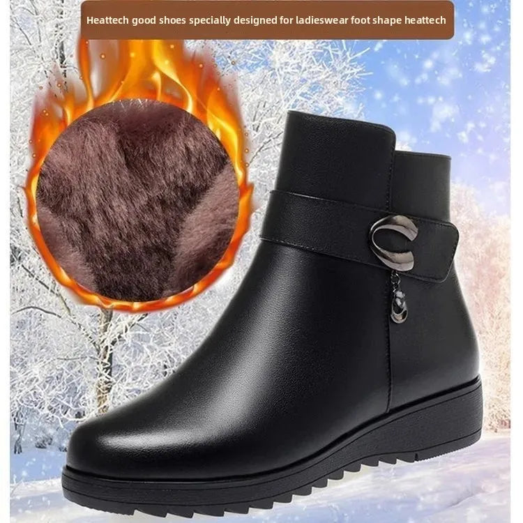 Fashionable Thickened Fleece Lined Flat Bottom Women's Cotton Boots Winter Warm Anti-slip Soft Sole Comfortable Mom Shoes