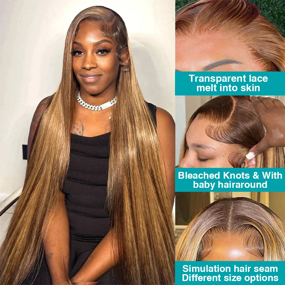 13x6 Highlighted Wig Human Hair 4/27 Colored Straight HD Lace Front Wig Ombre Lace Frontal Wigs Pre Plucked With Baby Hair