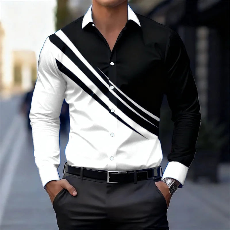 Men's color-blocked striped long-sleeved shirt, slim fit, stylish and unique business casual shirt, trendy new men's top, XS-6XL