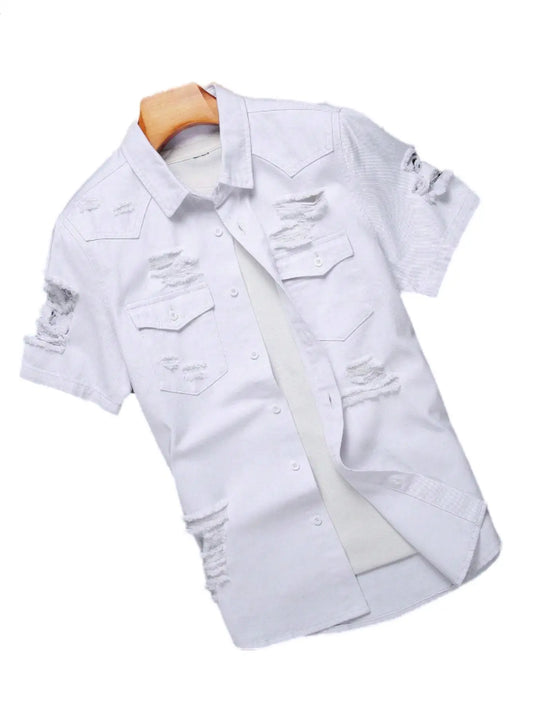 Men's white short - sleeved denim shirt with holes for summer. Suitable for daily casual wear, like going shopping.