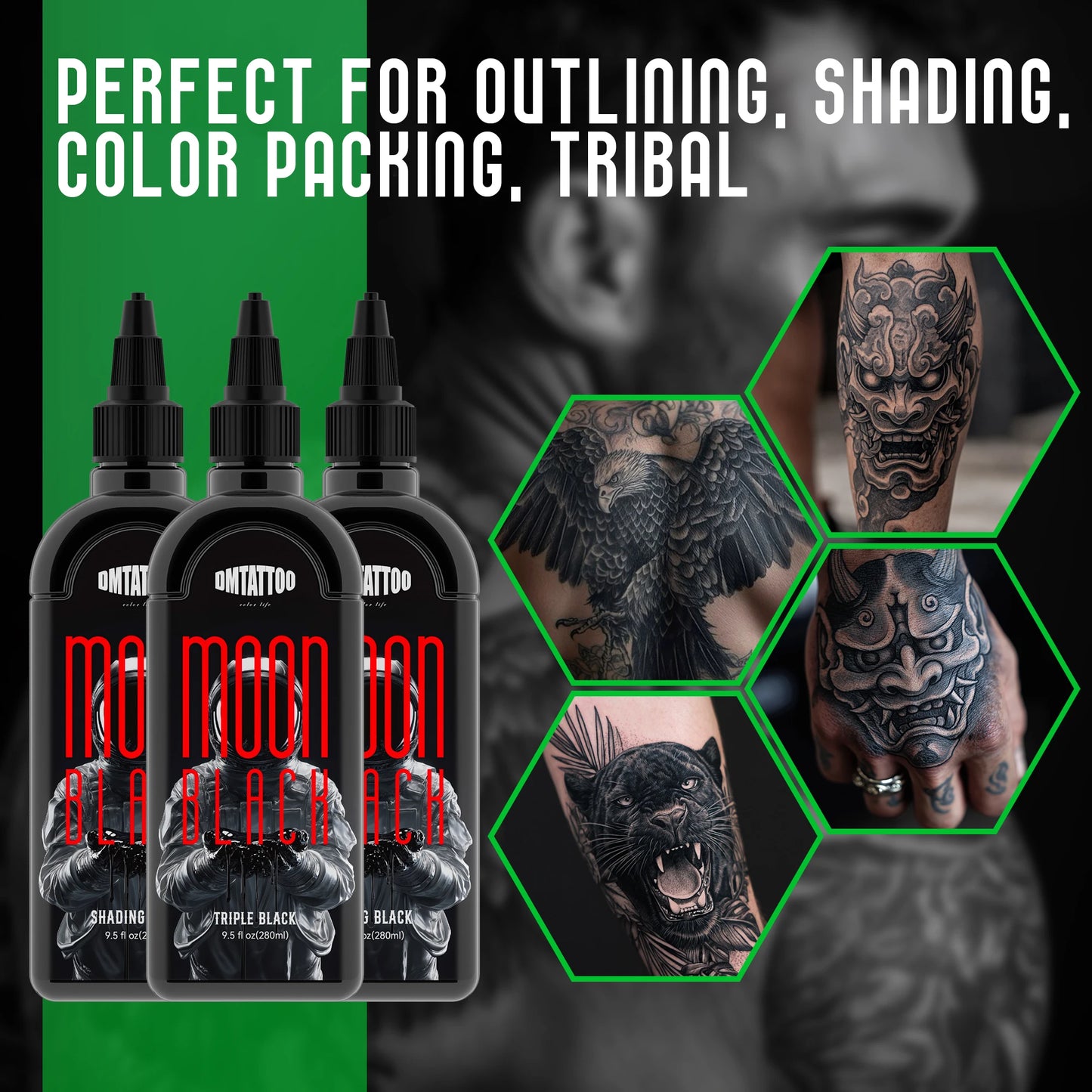 DM 9.5oz/280ml Tattoo Black Ink Triple/ Lining/ Shading Black Pigment Premium Tattoo Ink Drawing Teng Black Tattoo Materia ﻿