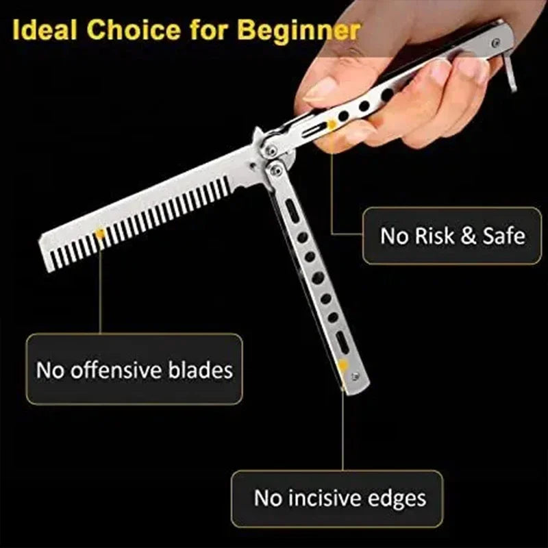Foldable Comb Stainless Steel Practice Training Butterfly Knife Comb Beard Moustache Brushe Salon Hairdressing Styling Tool