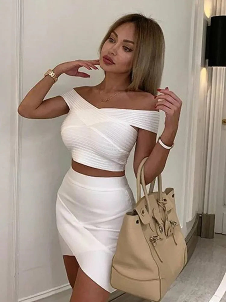 New Summer Dress Women Sexy Off the shoulder 2 Pieces White Bandage Dress Elegant Party Dress Vestido
