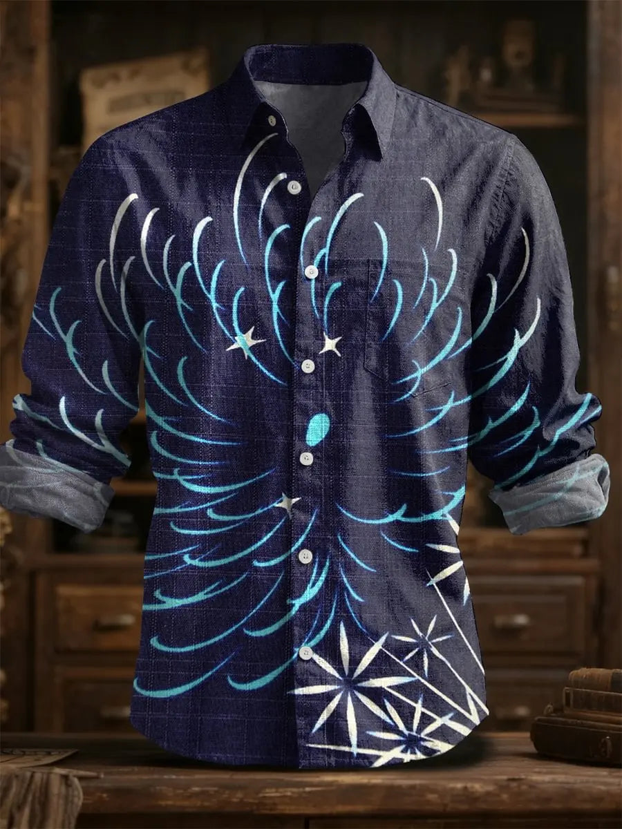 2025 Spring/Summer Men's Fashion Linen Long Sleeve Linen Shirt, Elegant Printing, Exquisite Flower Design