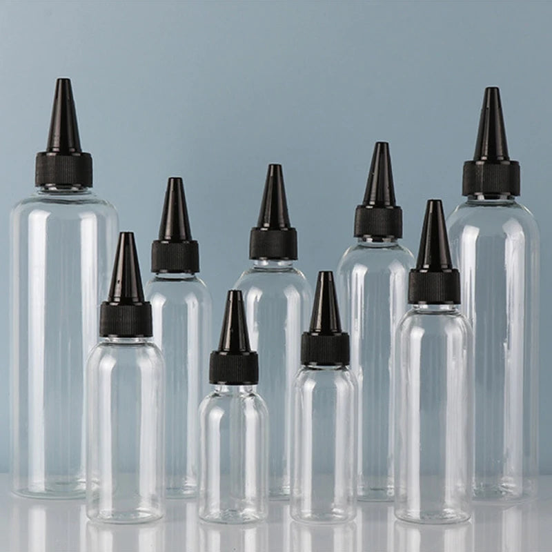 30Pcs 10/30/50/60/100/120ML Clear Plastic Bottles Applicator With Black Twist Top Cap BPA-Free For Hair Oils and Liquids