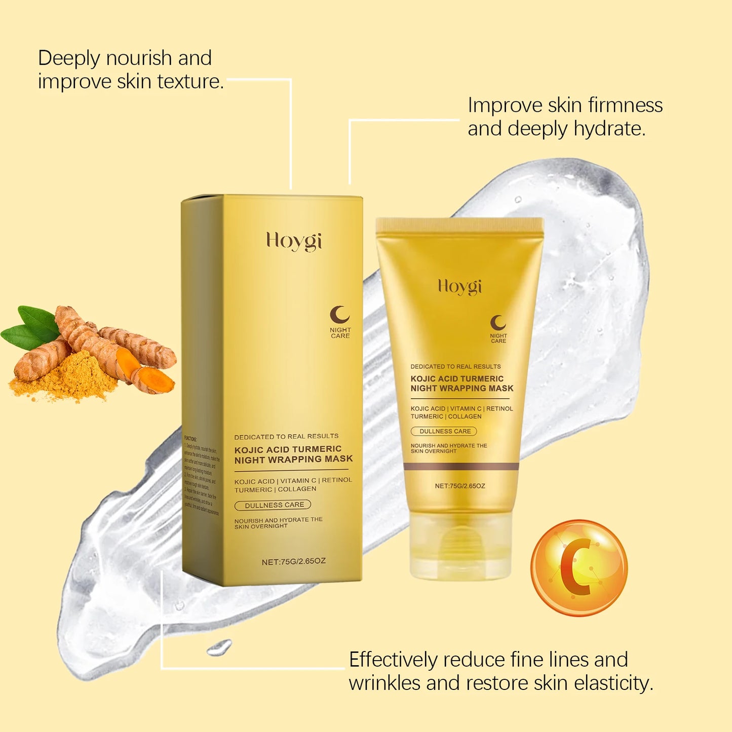 HOYGI Kojic Acid Turmeric Mask Overnight Peel off Mask Collagen Nourishing Hydrating Shrink Pores Brighten Dullness Skin Care